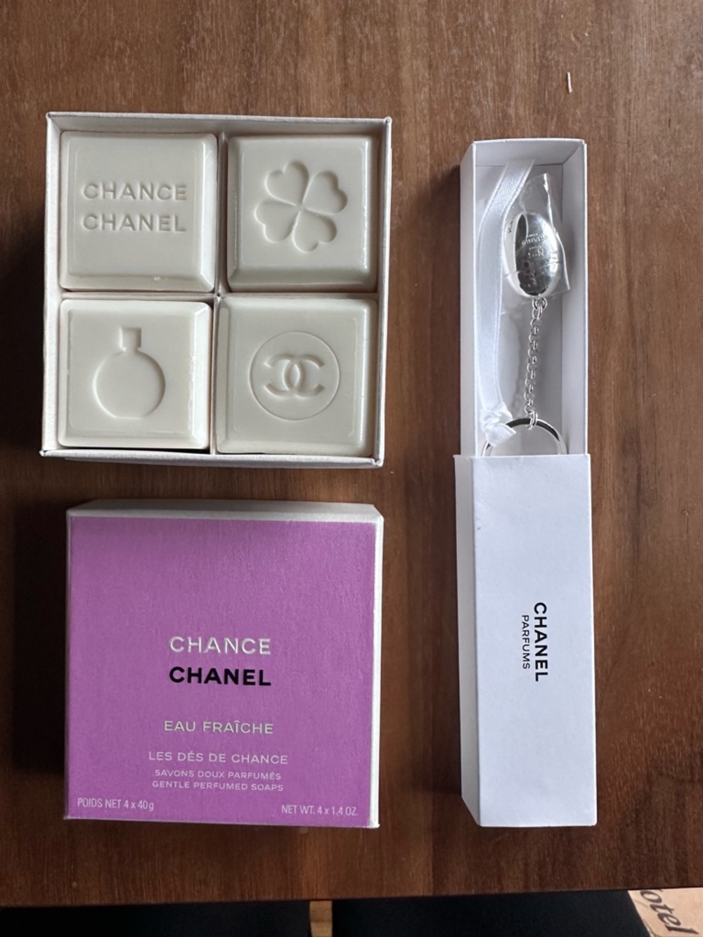 CHANEL Chance Eau Fraîche Mini Soaps + Mini Perfume Keychain + Snowflake Charms